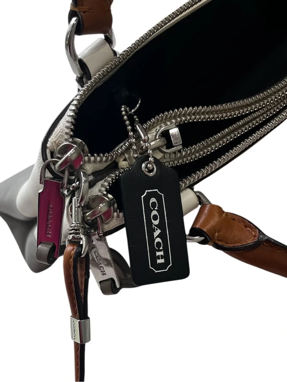 Coach Small Colorblock Leather Crossbody Satchel Gray White Tan Triple Zip Bag